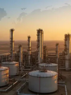 Oil refinery at sunrise with Middle East map overlay, symbolizing geopolitical impact on energy.