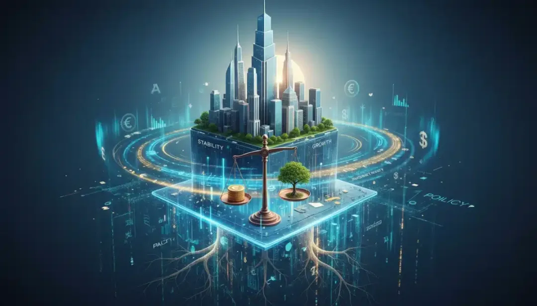 Conceptual image of economic stability and growth, balanced scales, and a cityscape, representing future economic environment.