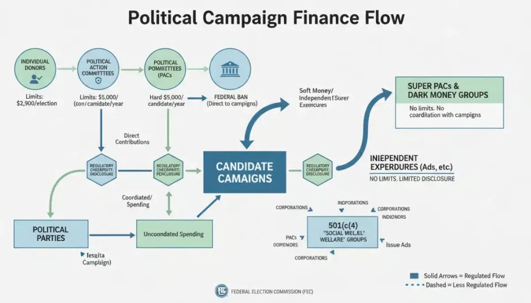 Infographic showing the flow of political donations and campaign funding.