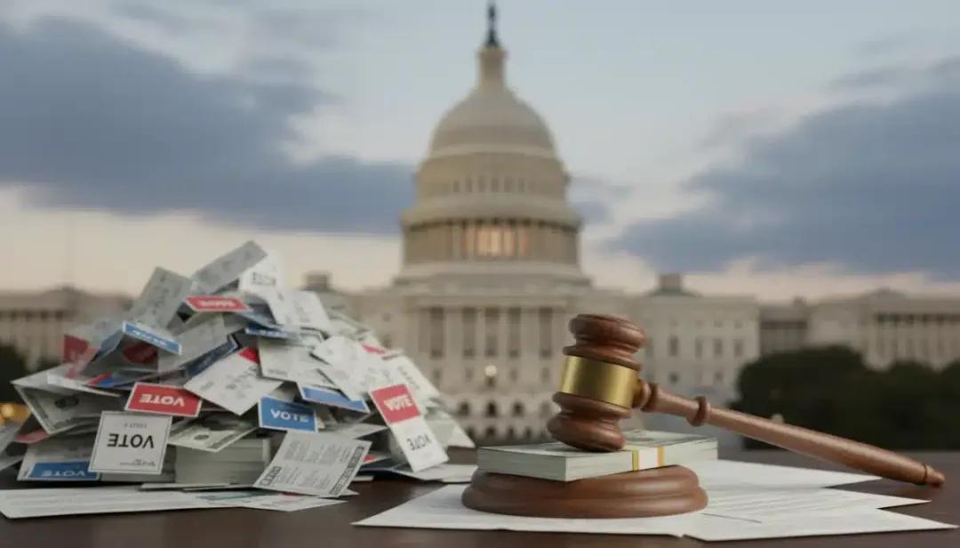 Gavel, money, and ballots representing campaign finance reform discussions.