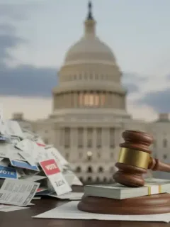 Gavel, money, and ballots representing campaign finance reform discussions.