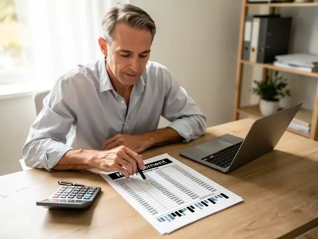 Person reviewing retirement portfolio and financial statements for future planning.