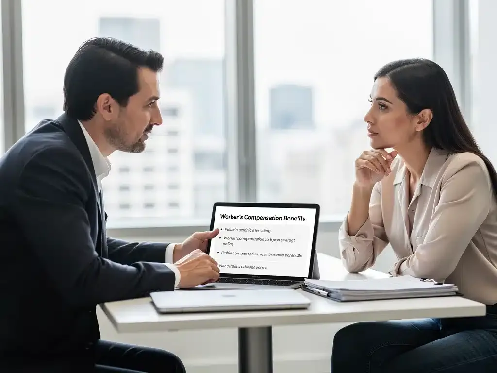 Legal advisor explaining workers' compensation benefits and claim procedures to an employee.