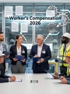 Workers discussing safety regulations and Worker's Compensation 2026 policies