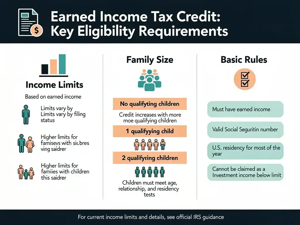 Infographic detailing EITC 2026 eligibility requirements and official income limits