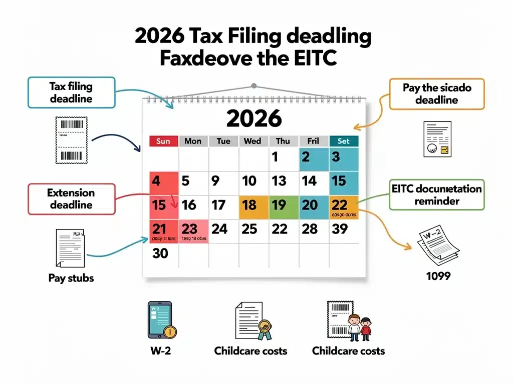 Calendar with reminders for preparing and filing a 2026 federal tax return in 2027