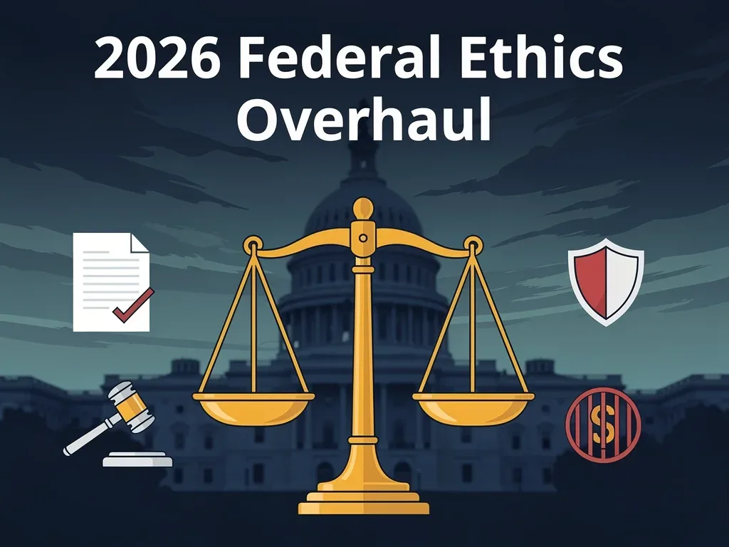 Scales of justice with US Capitol, symbolizing the 2026 Federal Ethics Overhaul and new restrictions.
