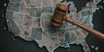 Gavel striking US map, symbolizing legal challenges altering redistricting