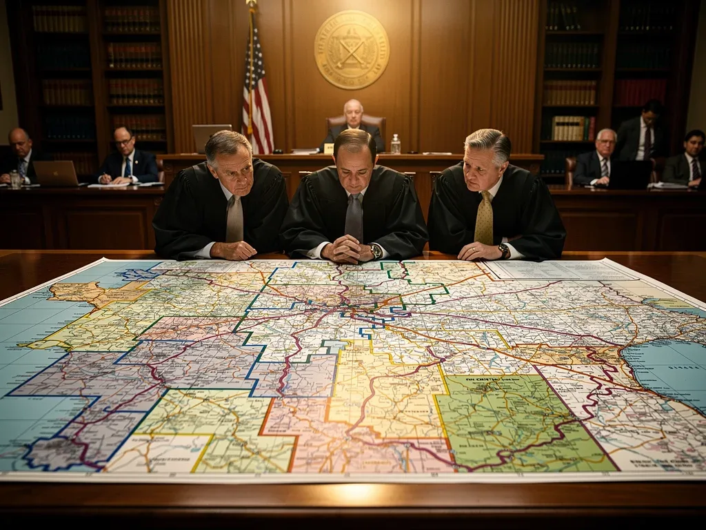 Judges deliberating over a complex redistricting map in a courtroom