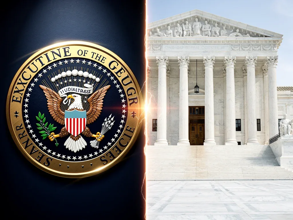 Presidential seal and Supreme Court building illustrating executive and judicial powers