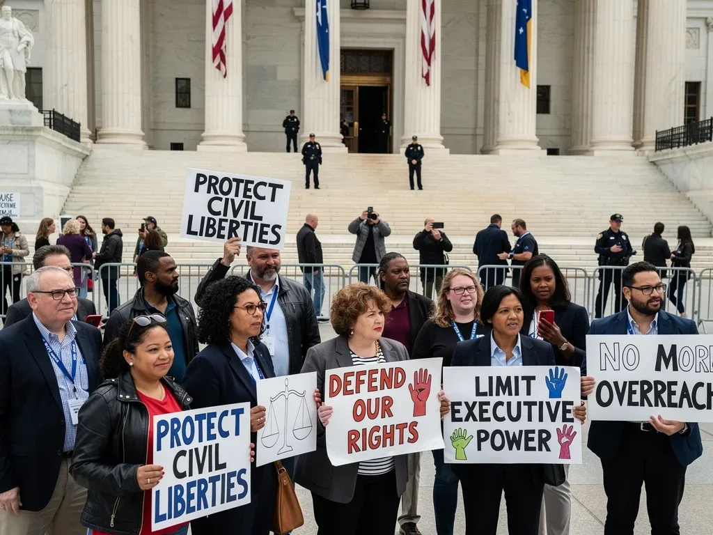 Citizens protesting government policies and executive orders outside a federal building