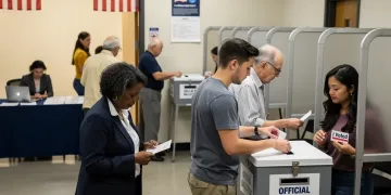 Citizens voting in a polling station during a midterm election, representing democratic participation.