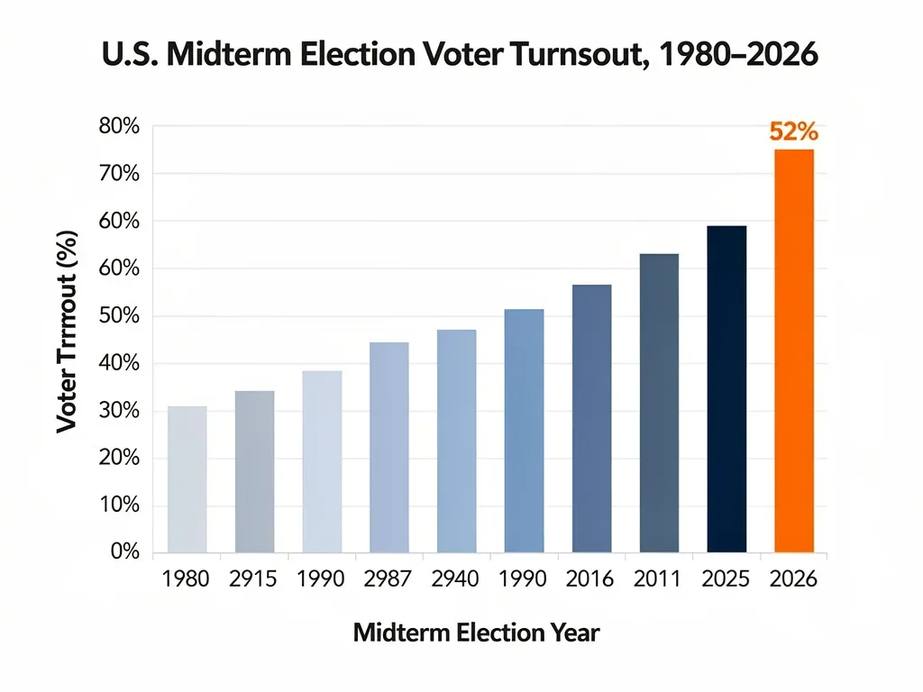 Historical and projected US midterm voter turnout rates chart, showing trends and the 2026 forecast.