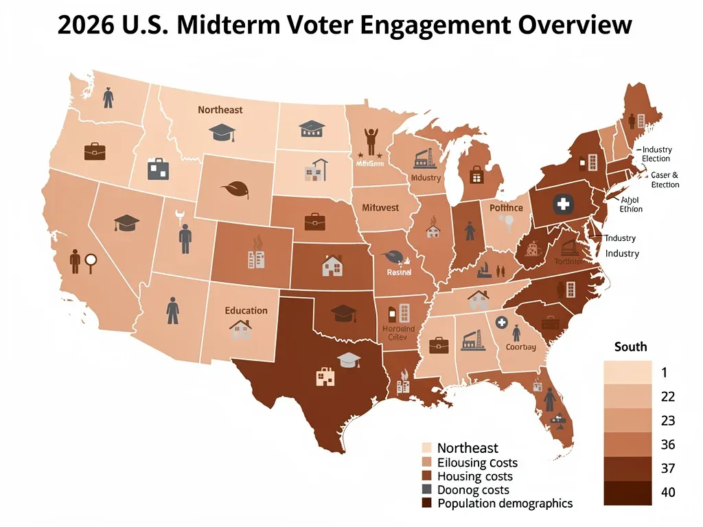 Map of the US showing regional voter engagement predictions for the 2026 midterm elections.