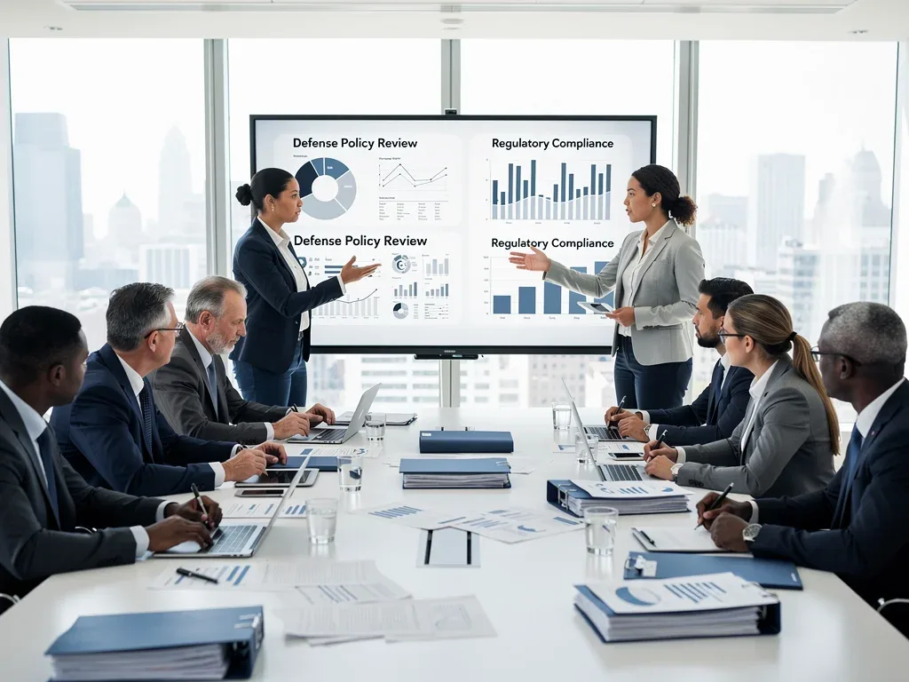 Policy analysts collaborating on defense regulatory mandates review