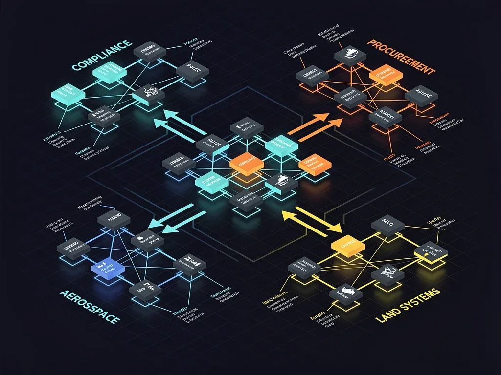 Network diagram showing interconnected defense regulatory frameworks