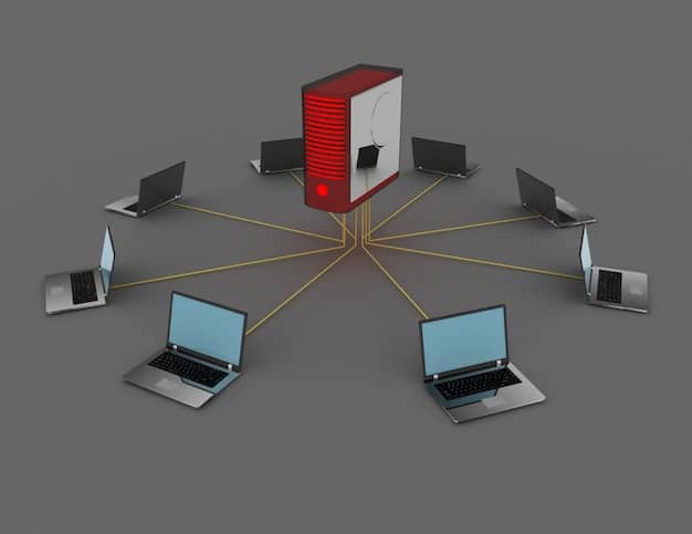 A network security diagram showing data flow between voting machines, central servers, and local election offices, with firewalls and encryption protocols in place to protect against cyber threats.