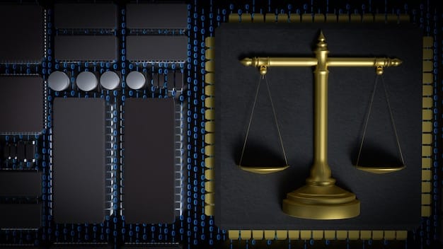 Visual representation of a courtroom with scales of justice prominently displayed – one side weighed down with corporate logos, and the other side representing individual consumers, symbolizing balance and fairness in business regulations.