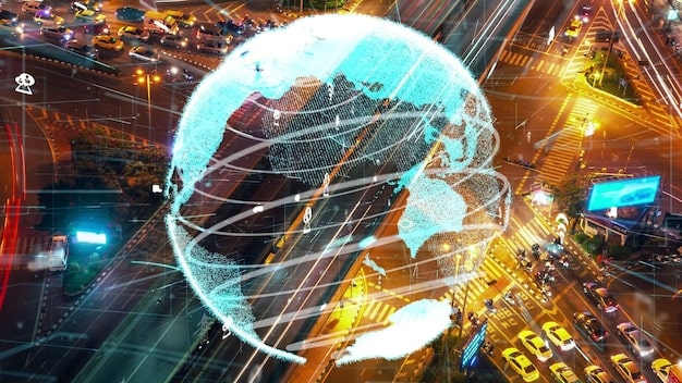A visual representation of global trade flows, showcasing the US as a central hub with lines connecting to various countries, illustrating its interconnectedness with the world economy.