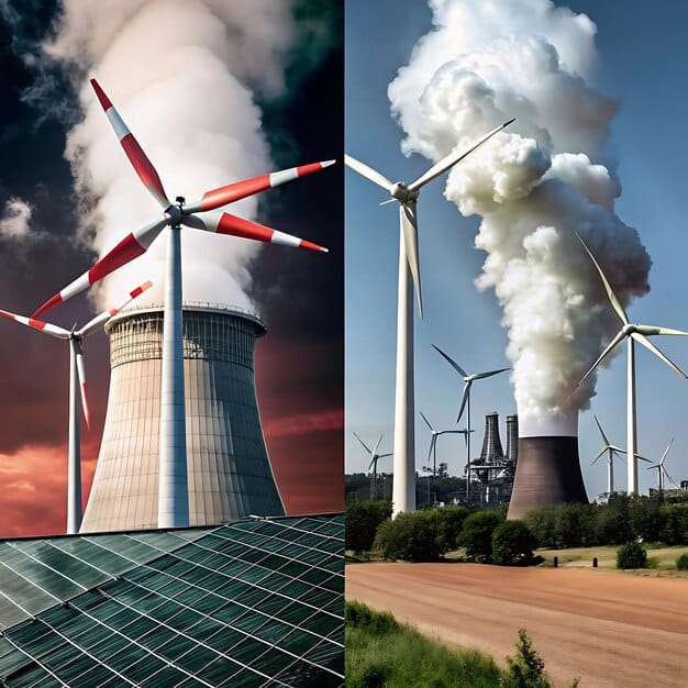 A side-by-side comparison of two energy sources: a wind turbine representing renewable energy and a coal power plant representing fossil fuels, highlighting their visual differences.