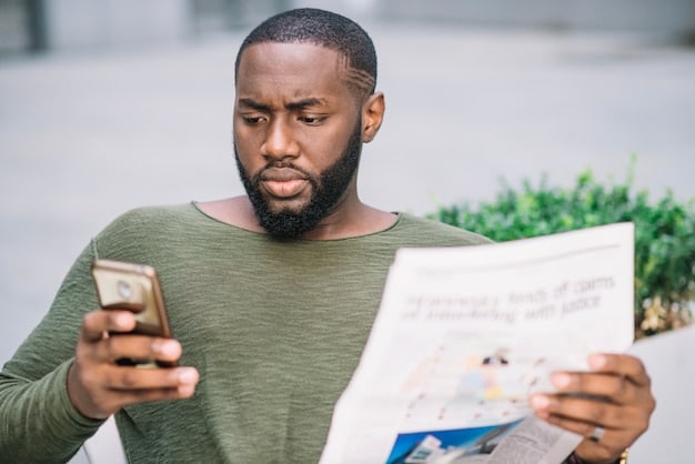 A person looking at a smartphone displaying various social media apps with political news feeds. The expression on their face is one of concern and confusion.