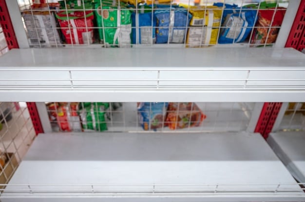 A split image comparing an empty grocery store shelf with limited imported goods to a fully stocked shelf with a variety of products from different countries, illustrating the potential impact of trade agreements on product availability.