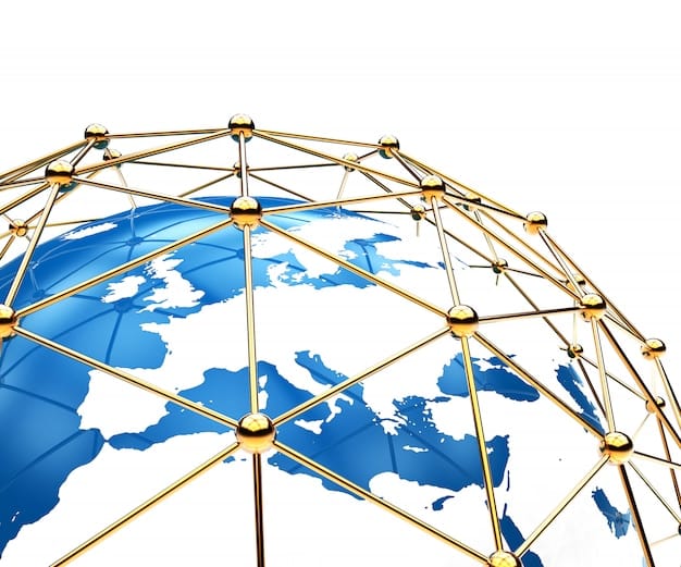A medium shot of a globe highlighting geopolitical hotspots with interconnected lines symbolizing diplomatic relations and potential conflicts. The colors are vibrant and represent different nations and alliances.