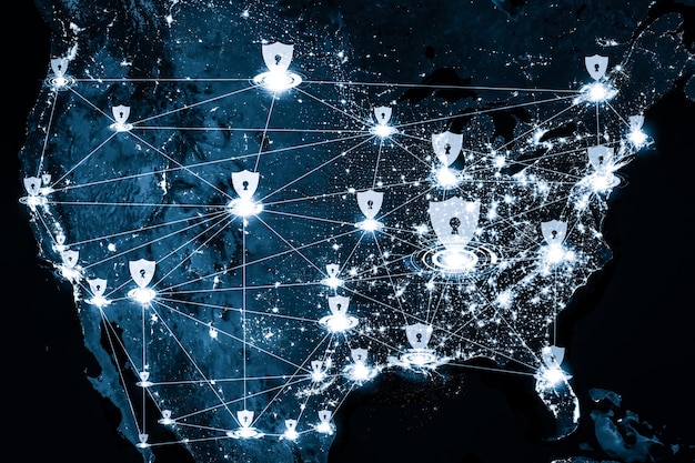 A visual representation of a collaborative network between government agencies (represented by seals) and private sector companies (represented by logos), connected by digital lines, illustrating the importance of information sharing and cooperation in cybersecurity.