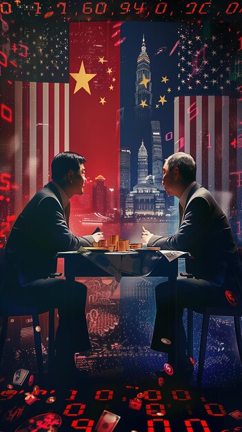 A photo of a tense meeting between US and Chinese trade representatives, overlaid with a graphic of a voting ballot. The scene captures the delicate balance between economic diplomacy and domestic political pressures during an election year.