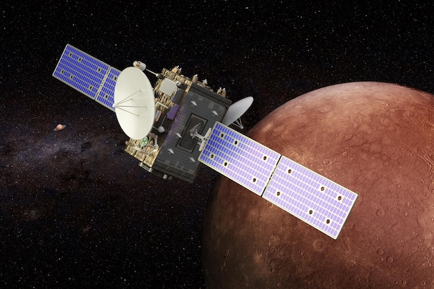 Satellite orbiting Earth, capturing high-resolution imagery of the planet's surface. The satellite has solar panels extended and several communication antennas.