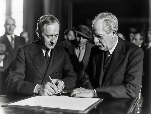 A black and white photo of President Franklin D. Roosevelt signing the UN Charter in San Francisco, surrounded by delegates from various nations. The image symbolizes the US's foundational role in the creation of the United Nations.