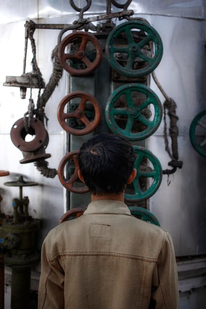 A split image: one side showing a bustling US factory with workers and modern machinery, and the other side showing a similar factory in Asia, contrasting production costs and capabilities