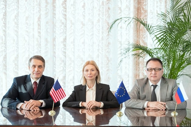 A photograph of a meeting between US government officials and foreign diplomats, showing collaboration and discussion around counter-terrorism policies. The setting should be a formal conference room with flags of various countries.