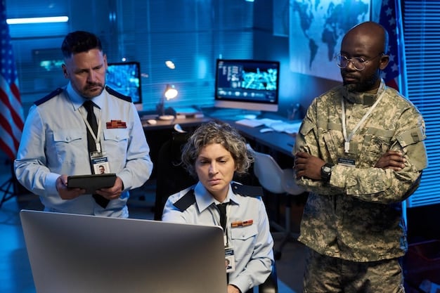 A photo of FBI agents working in a command center, surrounded by computer screens and communication equipment, depicting the intensive and coordinated efforts to combat terrorism. The atmosphere should be focused and professional.