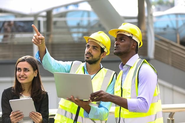 A diverse team of construction workers collaborating on a bridge project, with one worker holding blueprints and discussing with others, under a bright sunny day showing collaboration and progress.