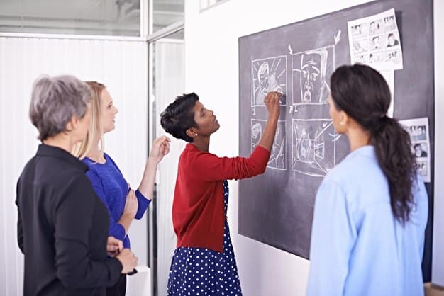 A diverse group of people collaborating in a modern office space, brainstorming ideas on a whiteboard covered with charts and graphs.