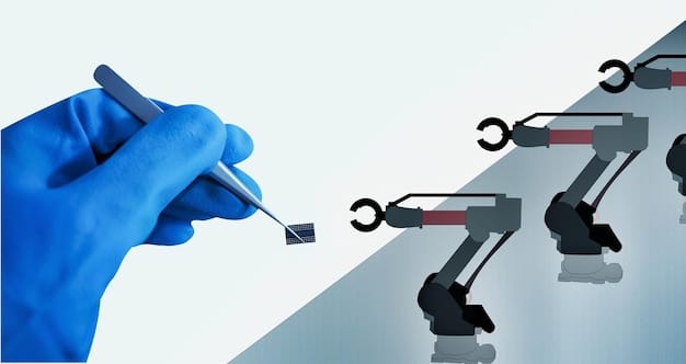 A visual representation of a robotic arm working on an assembly line, showcasing automated manufacturing processes driven by AI. There are multiple screens displaying data analytics and process optimization metrics in the background.