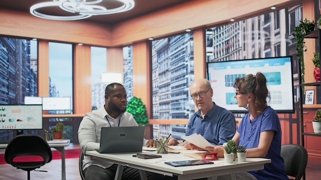 A wide shot of a diverse board room, with people smiling and collaborating. Visual elements within the image include laptops, and a projected healthcare reform report.