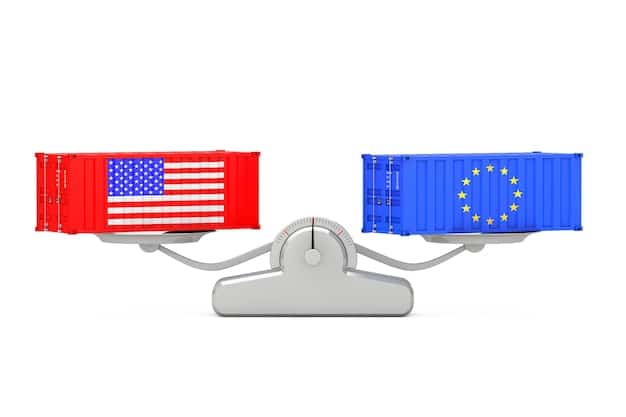 A visual representation of two countries engaged in a trade war, with tariffs depicted as physical barriers.