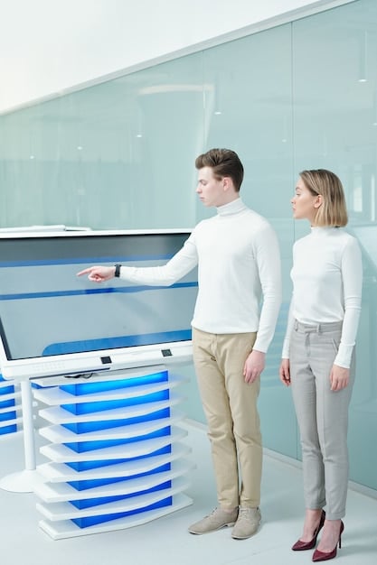 A futuristic retail store with robots assisting customers, automated checkout lanes, and digital displays showing product information. The scene is clean, efficient, and technologically advanced.