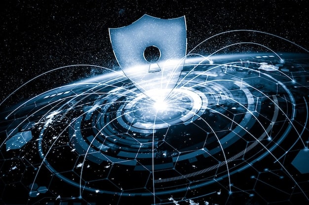 A conceptual image featuring a shield with a padlock symbol, overlaid on a network of interconnected devices, symbolizing data protection and security measures.