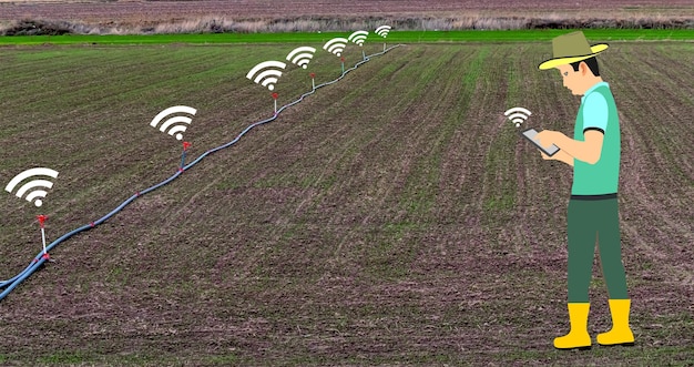 A diagram illustrating how 5G Fixed Wireless Access (FWA) works in a rural setting. The diagram shows a 5G tower transmitting signals to residential homes and agricultural farms, highlighting equipment like antennas and receivers and the pathway of data flow between the tower and the users.