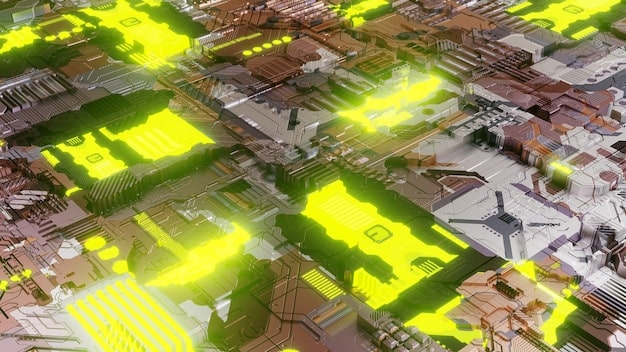 A conceptual illustration of a smart grid, showing interconnected energy sources and data flow. The scene is futuristic, emphasizing the integration of technology and renewable energy for efficient energy distribution.