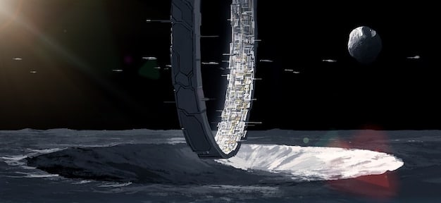 A rendering of the lunar gateway orbiting the moon, highlighting its modules and solar panels, with Earth visible in the distance.