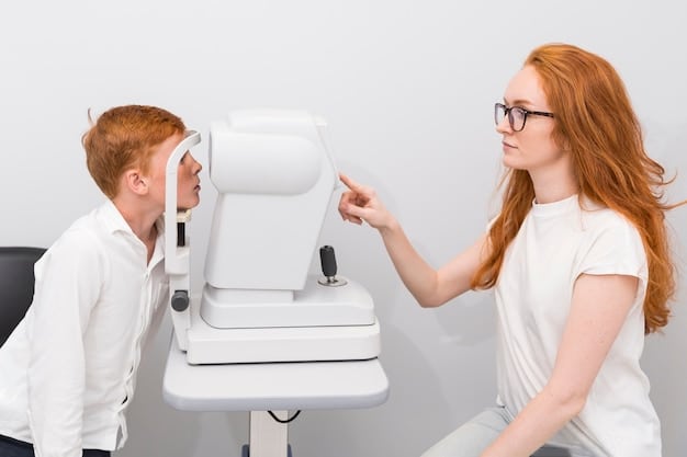 An optometrist examining a child's eyes with specialized equipment, with the child looking attentively.