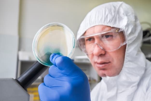 A researcher in a lab coat examining a petri dish with bacterial colonies, emphasizing the scientific research and analysis involved in discovering the new antibiotic.
