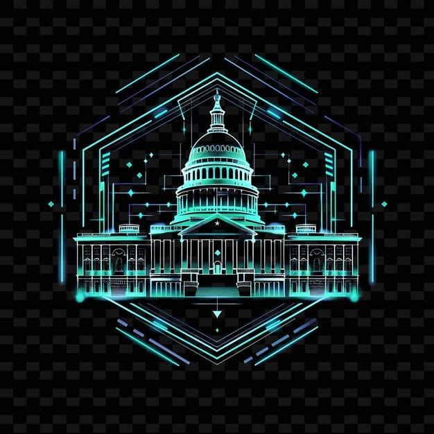 An illustration depicting the US Capitol Building overlaid with a digital shield, symbolizing the legislative efforts to protect critical infrastructure from cyber threats. The image should incorporate elements of cybersecurity, such as binary code and network connections.