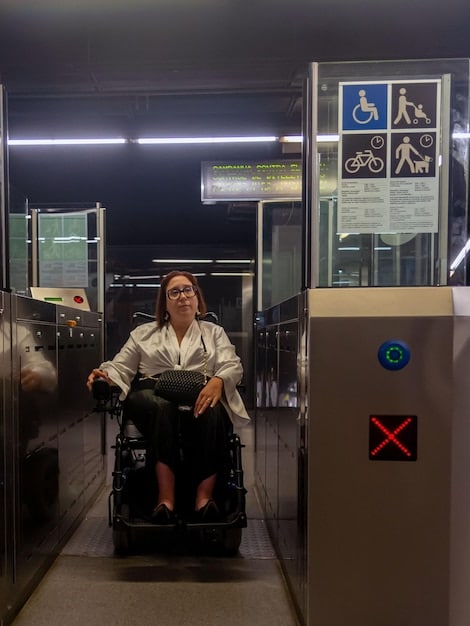 An autonomous shuttle transporting elderly and disabled passengers in a friendly and accessible urban environment. The shuttle is modern and clearly marked with accessibility symbols.