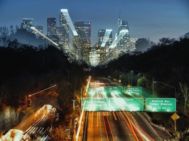 A futuristic highway with embedded sensors and communication devices, showing autonomous vehicles communicating with each other and the road infrastructure in real-time.