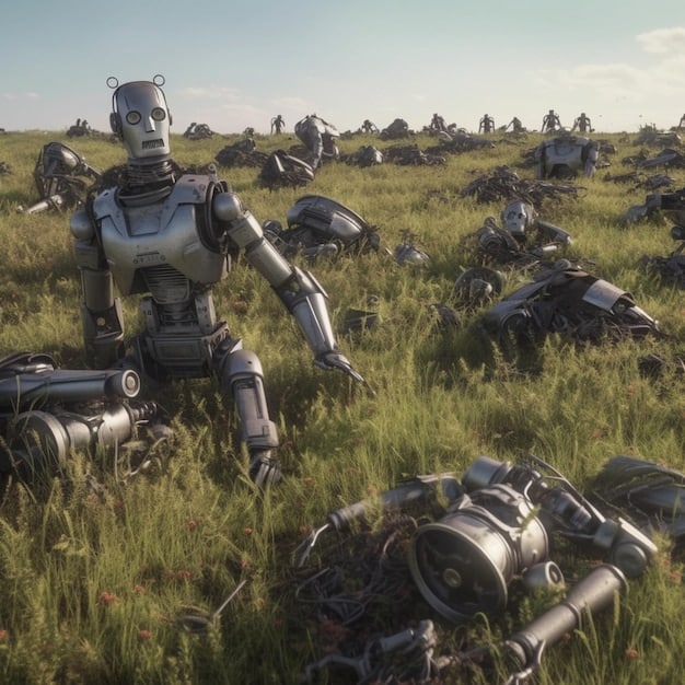 A panoramic view of a battlefield scenario with AI-controlled robots. These robots vary in size and are equipped with different weapons or tools, symbolizing their diverse roles in combat and support.
